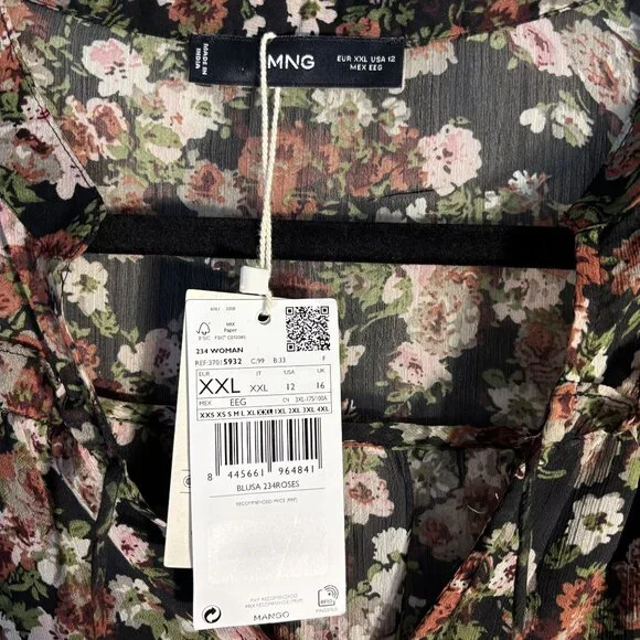 Mango Floral Print Sheer Blouse US 12 Black Multicolor Long Sleeve Lightweight - Picture 4 of 12
